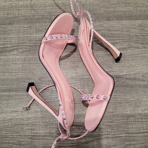 Piferi Satin Vegan Leather Ankle Wrap Stylish Pink Rhinestone Heels Size 37 Or 7 - Picture 4 of 14